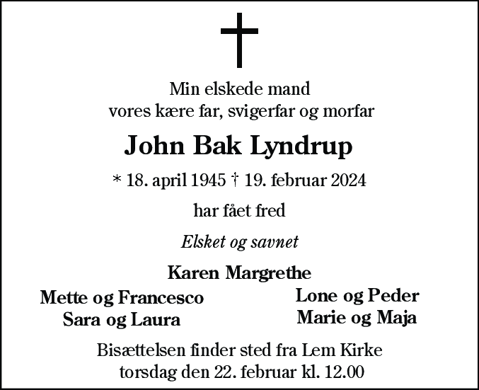 Dødsannonce for John Bak Lyndrup