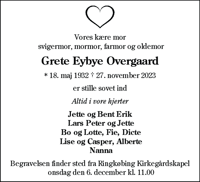 Dødsannonce for Grete Eybye Overgaard