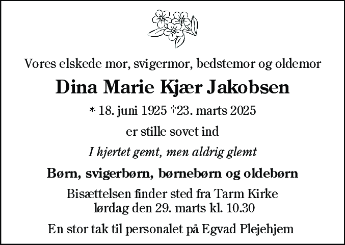 Dødsannonce for Dina Marie Kjær Jakobsen