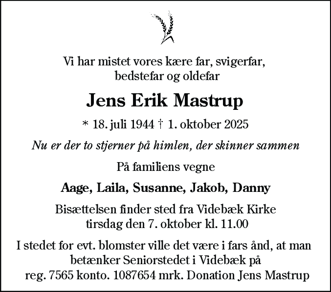 Dødsannonce for Jens Erik Mastrup
