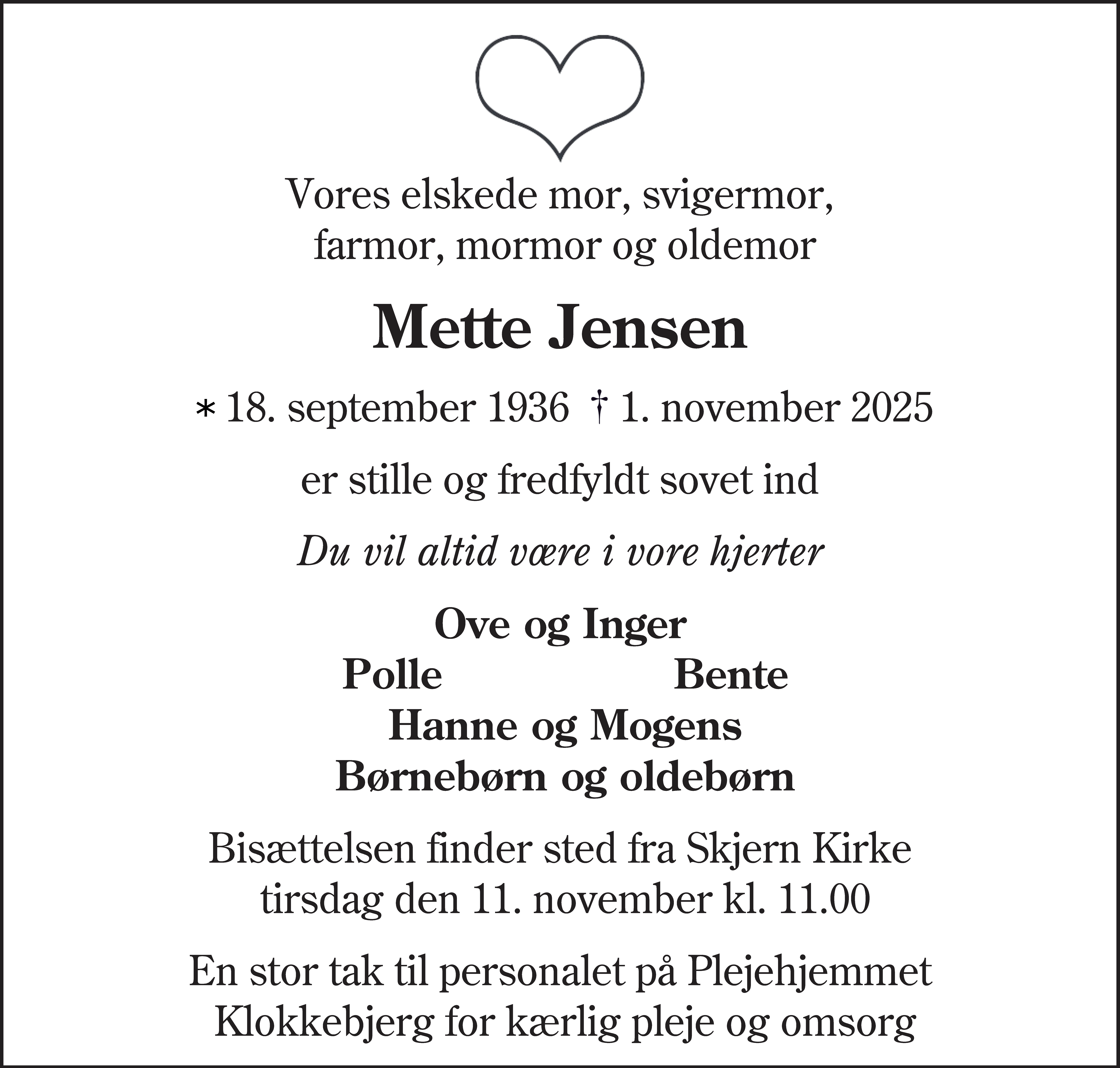 Dødsannonce for Mette Jensen