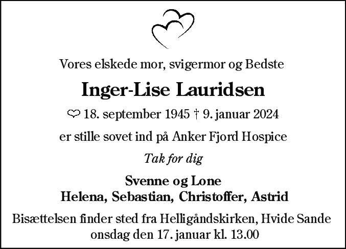 Dødsannonce for Inge-Lise Lauridsen