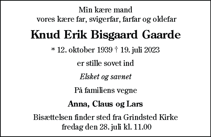 Dødsannonce for Knud Erik Bisgaard Gaarde
