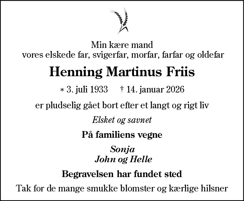 Dødsannonce for Henning Martinus Friis