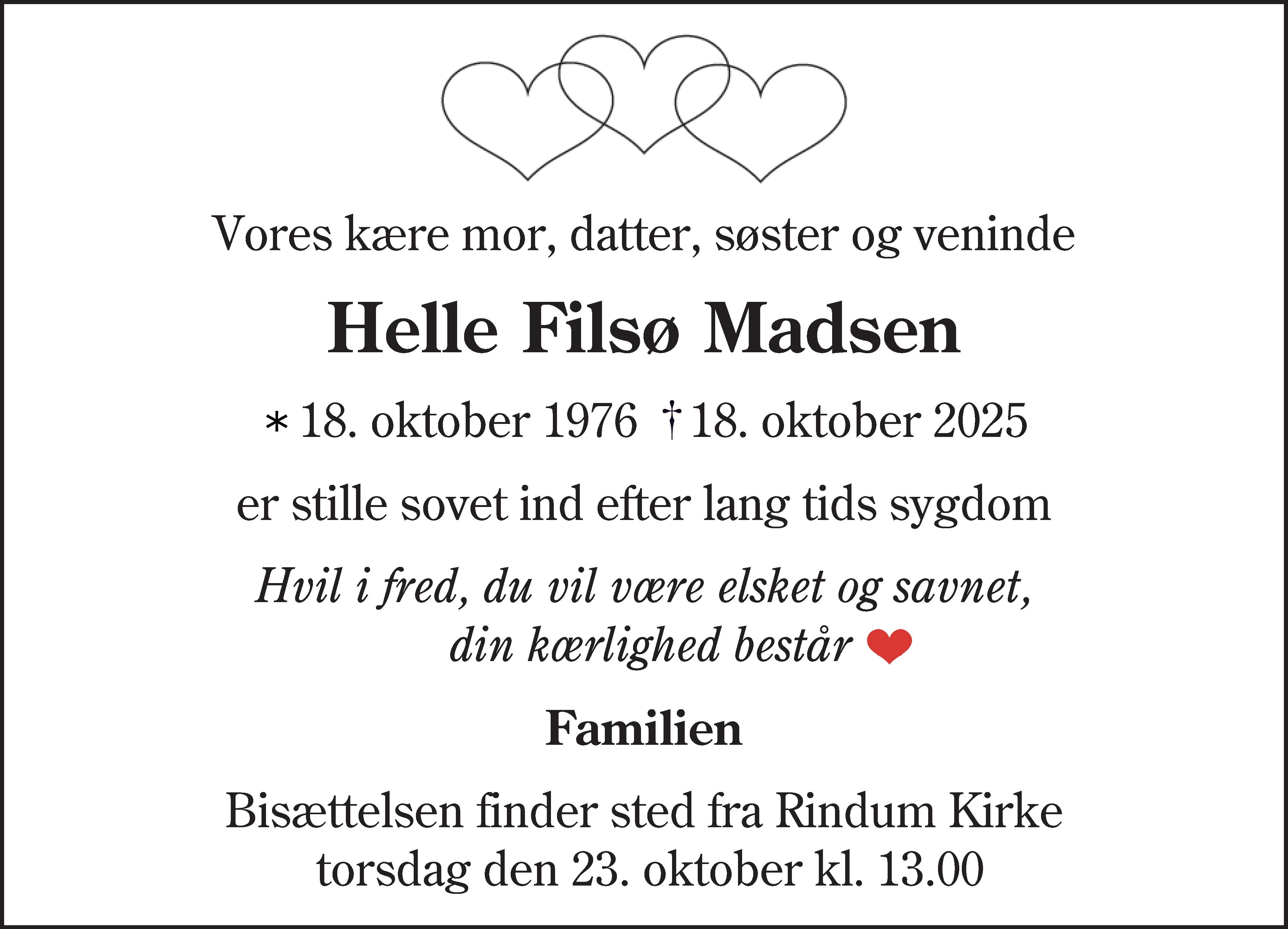 Dødsannonce for Helle Filsø Madsen