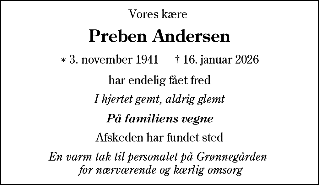 Dødsannonce for Preben Andersen