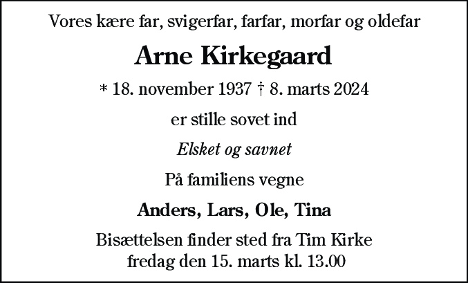 Dødsannonce for Arne Kirkegaard