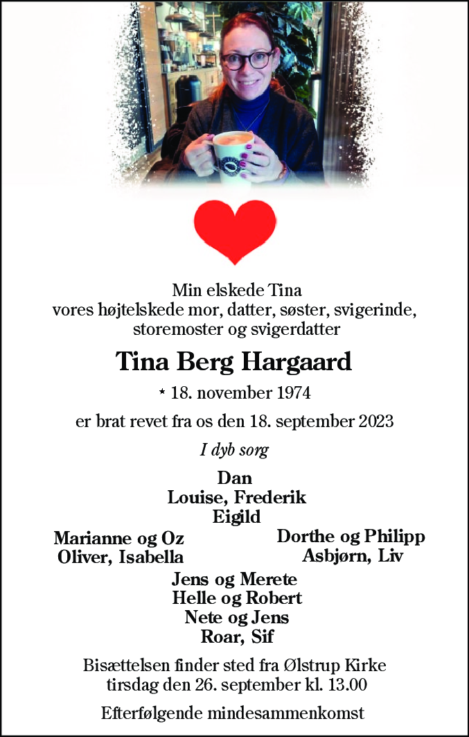 Dødsannonce for Tina Berg Hargaard