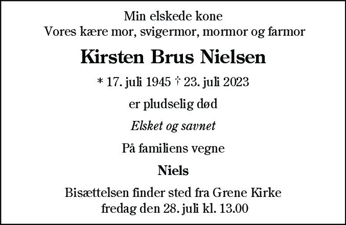 Dødsannonce for Kirsten Brus Nielsen