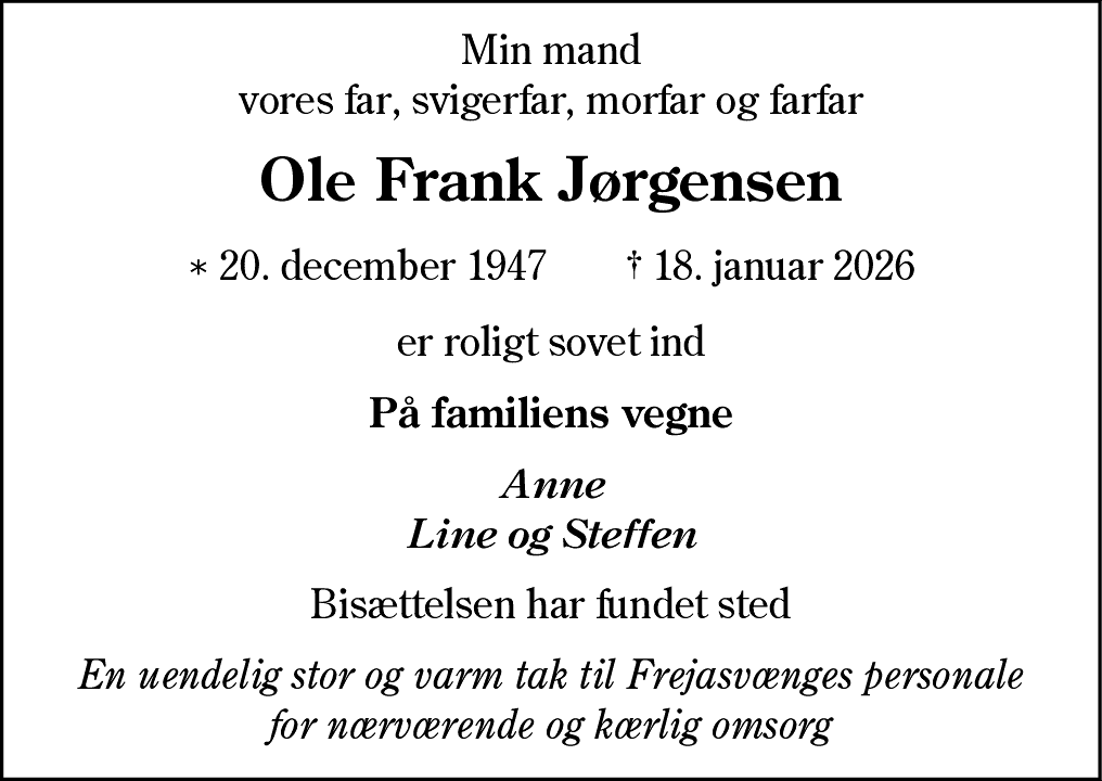 Dødsannonce for Ole Frank Jørgensen