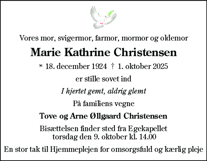 Dødsannonce for Marie Kathrine Christensen