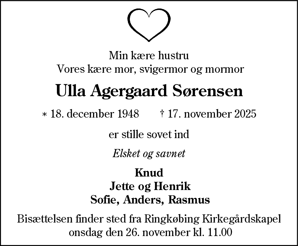 Dødsannonce for Ulla Agergaard Sørensen