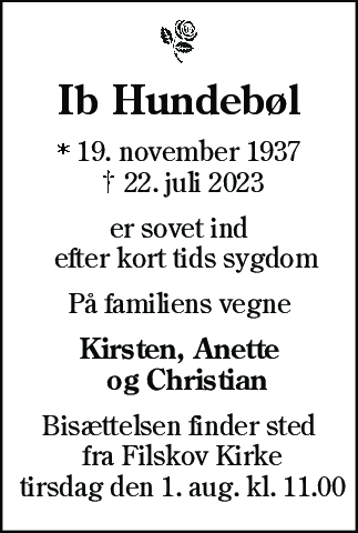 Dødsannonce for Ib Hundebøl