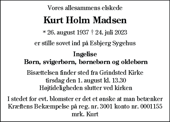 Dødsannonce for Kurt Holm Madsen