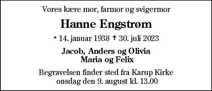 Dødsannonce for Hanne Engstrøm