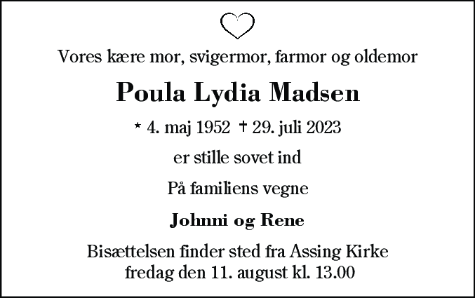 Dødsannonce for Poula Lydia Madsen