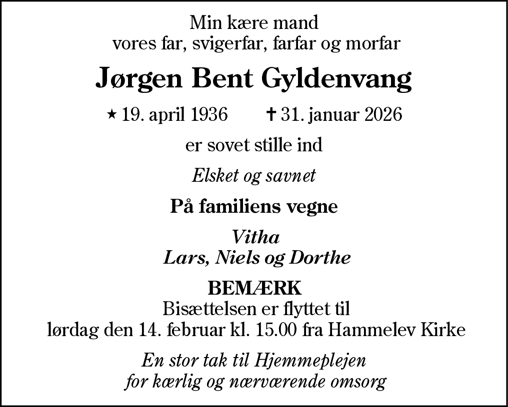 Dødsannonce for Jørgen Bent Gyldenvang