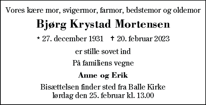Dødsannonce for Bjørk Krystad Mortensen