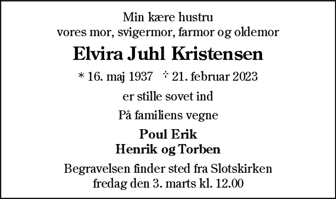 Dødsannonce for Elvira Juhl Kristensen