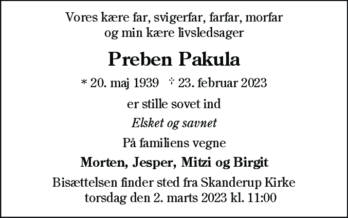 Dødsannonce for Johan Preben Pakula