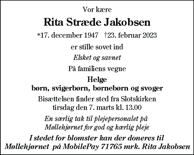 Dødsannonce for Rita Stræde Jakobsen