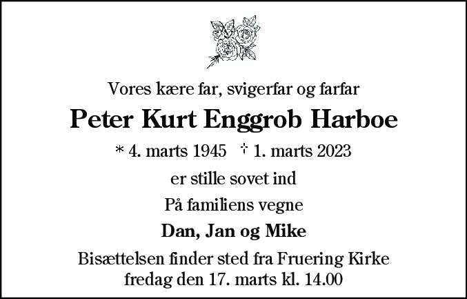 Dødsannonce for Peter Kurt Enggrob Harboe