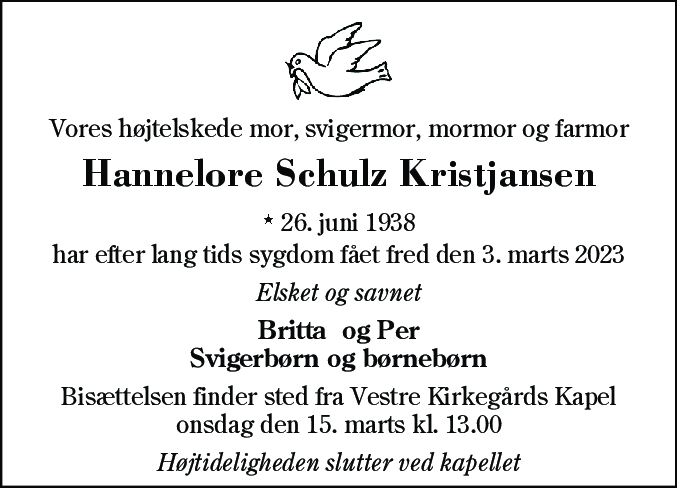 Dødsannonce for Hannelore Schulz Kristjansen