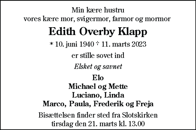 Dødsannonce for Edith Overby Klapp