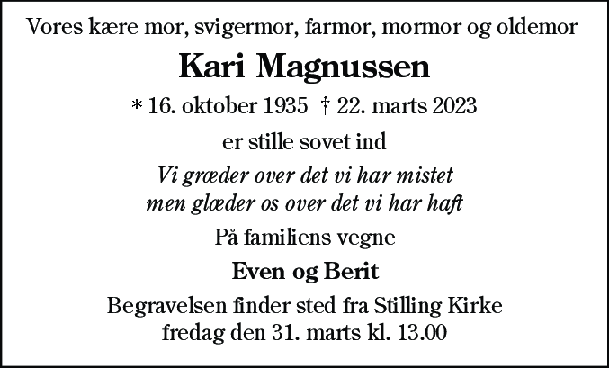 Dødsannonce for Kari Magnussen