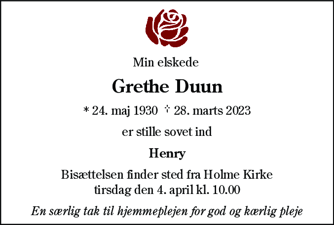 Dødsannonce for Grethe Duun