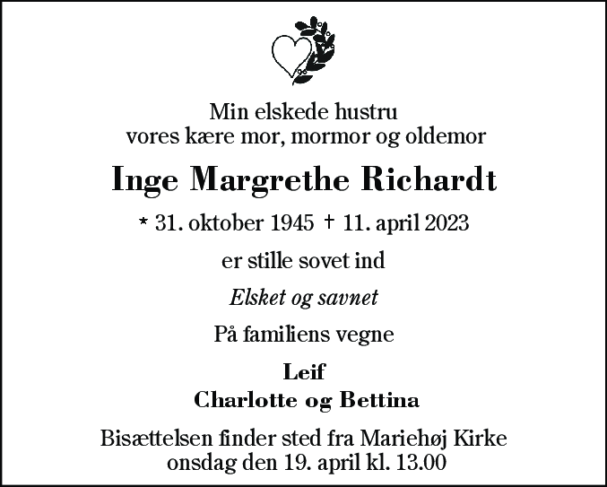 Dødsannonce for Inge Margrethe Richardt