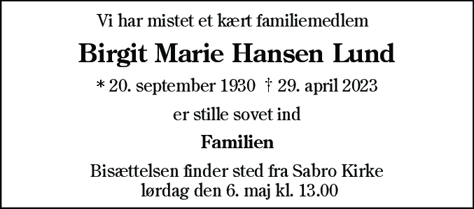 Dødsannonce for Birgit Marie Hansen Lund