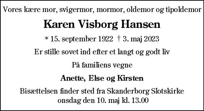 Dødsannonce for Karen Visborg Hansen