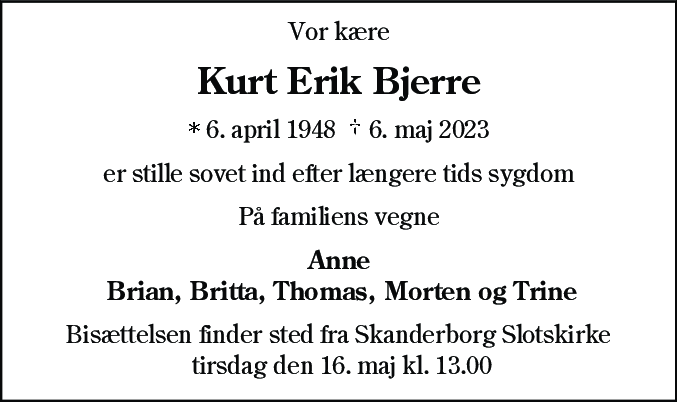 Dødsannonce for Kurt Erik Bjerre