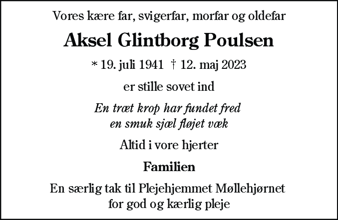 Dødsannonce for Aksel Glintborg Poulsen