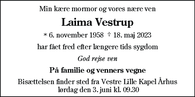 Dødsannonce for Laima Vistrup