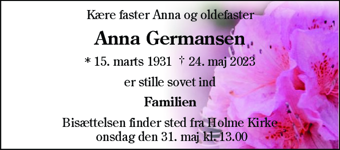 Dødsannonce for Anna Germansen