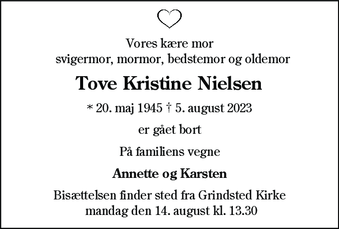 Dødsannonce for Tove Kristine Nielsen