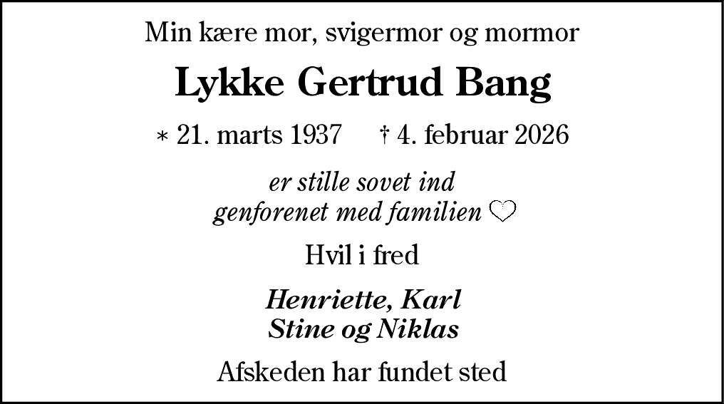Dødsannonce for Lykke Gertrud Bang