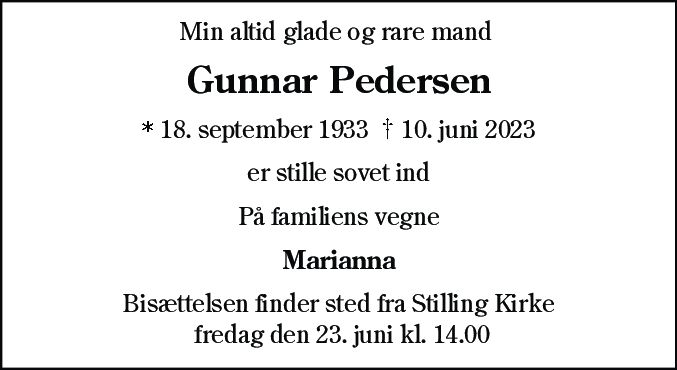 Dødsannonce for Gunnar Pedersen