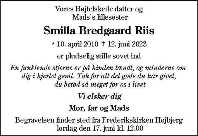 Dødsannonce for Smilla Bredgaard Riis