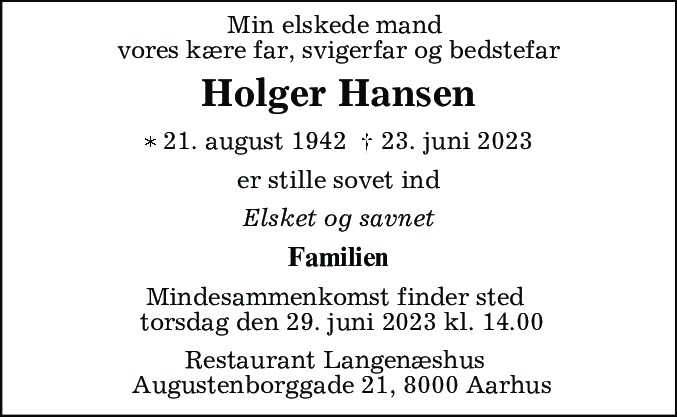Dødsannonce for Holger Hansen