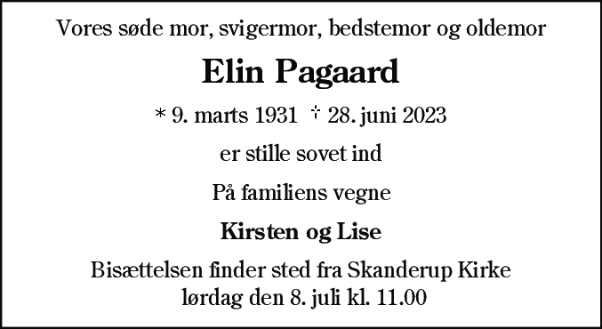 Dødsannonce for Elin Marie Pagaard