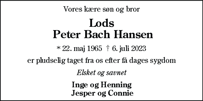 Dødsannonce for Peter Bach Hansen