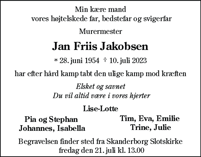 Dødsannonce for Jan Friis Jakobsen