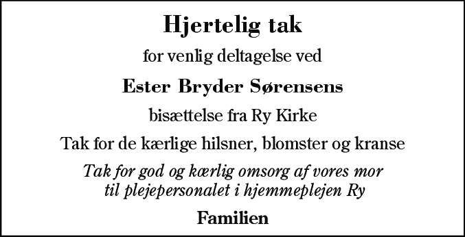 Dødsannonce for Ester Bryder Sørensen