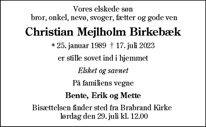 Dødsannonce for Christian Mejlholm Birkebæk