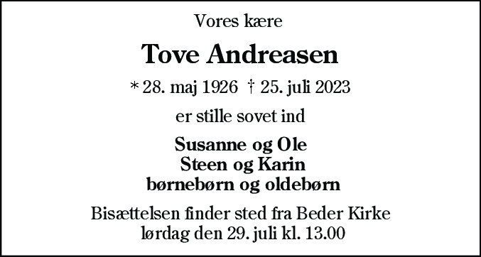 Dødsannonce for Tove Andreasen