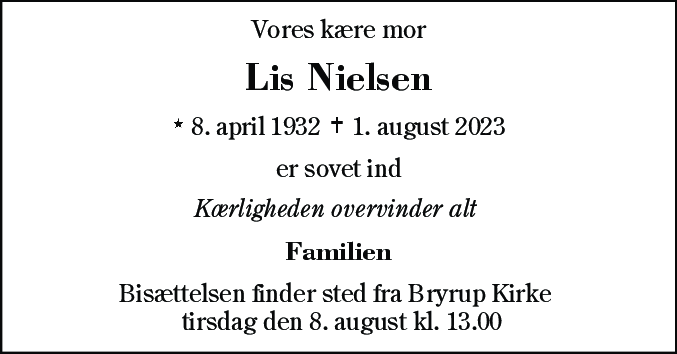 Dødsannonce for Lis Nielsen