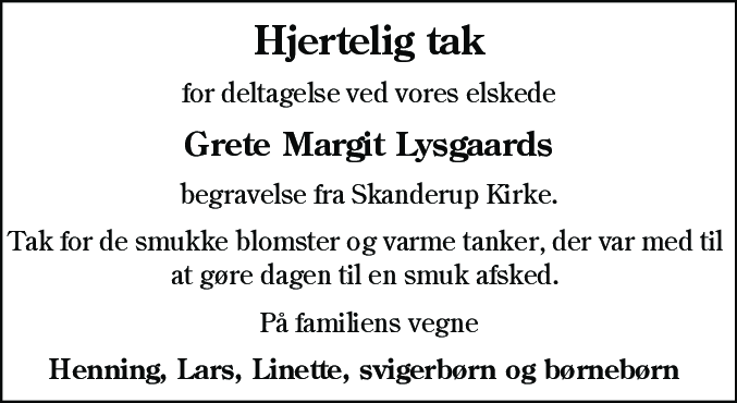 Dødsannonce for Grete Margit Lysgaard